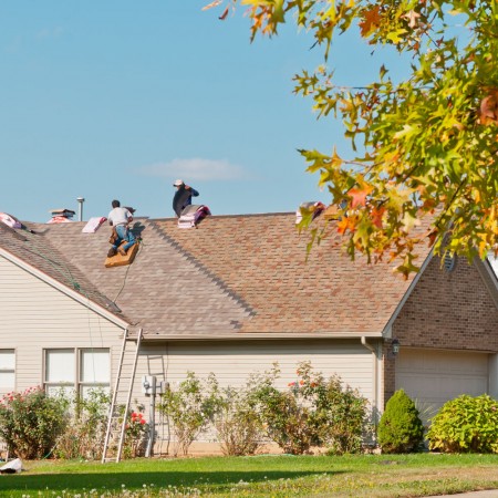 Residential Roof Repair and Installation Roofers installing asphalt shingles on a suburban home roof