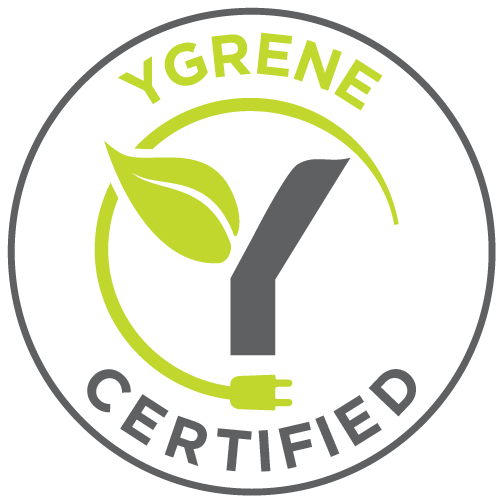 Ygrene Certified Contractor Seal | Element Roofing Circular Ygrene Certified contractor seal logo featuring a green leaf and power plug symbol.