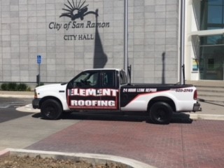 san ramon 3 Element Roofing company service truck parked in front of the City of San Ramon City Hall.