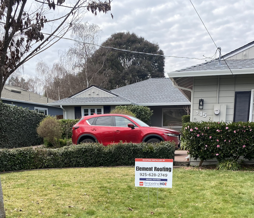 element-roofing-in-pleasanton-3525 image of an element roofing sign in the yard of a home with a newly installed roof in pleasanton