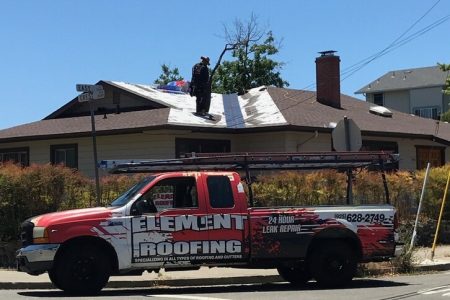 Element Roofing service truck parked at a residential job site in San Jose CA