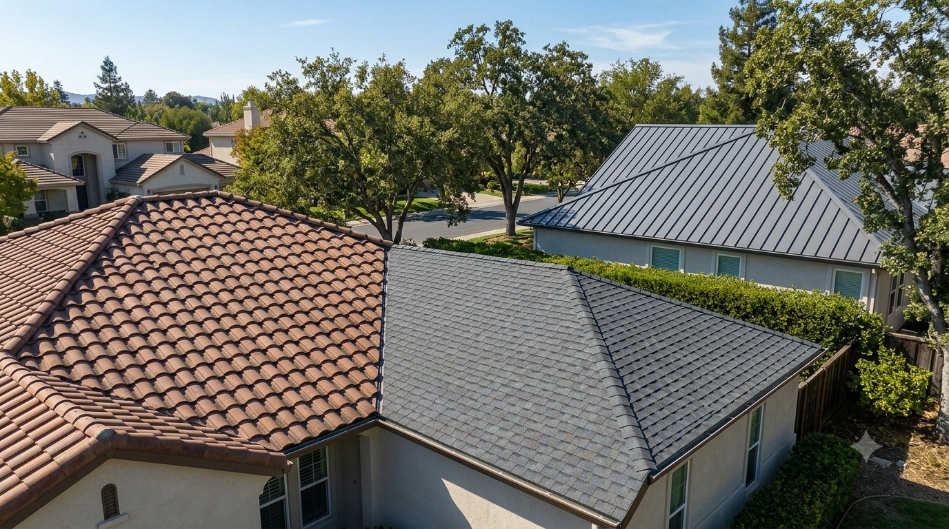 Comparison of clay tile, asphalt shingle, and standing seam metal roofs on homes in Pleasanton CA